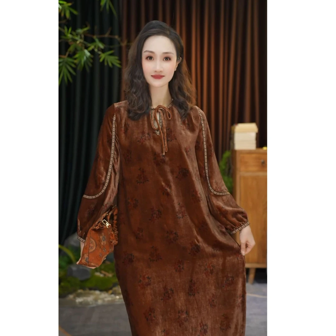 【辰辰高定】长款真丝丝绒连衣裙新中式唐装长袖连衣裙女Y2024209