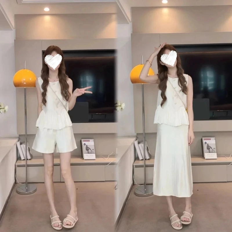 【赠运费险】休闲时尚套装2025夏季新款高级感飘带拼接珠光杏两件套