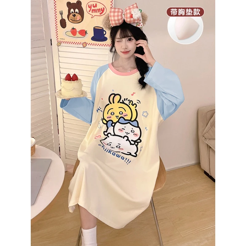 长袖睡裙女孩带胸垫防凸点薄款12-13-15岁少女生春秋季可外穿睡衣