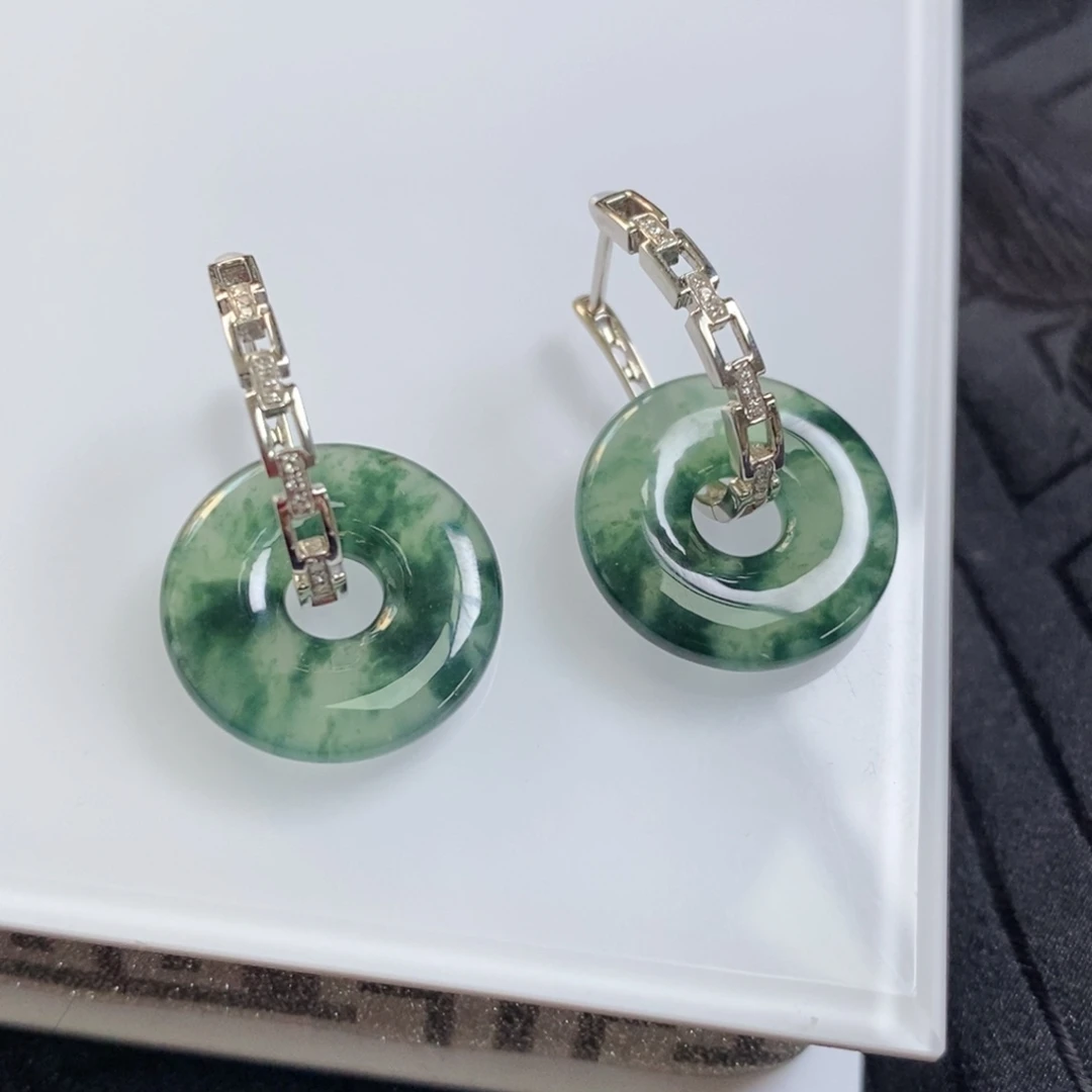 翡翠18K金镶嵌耳饰飘蓝花甜甜圈➕链条耳包