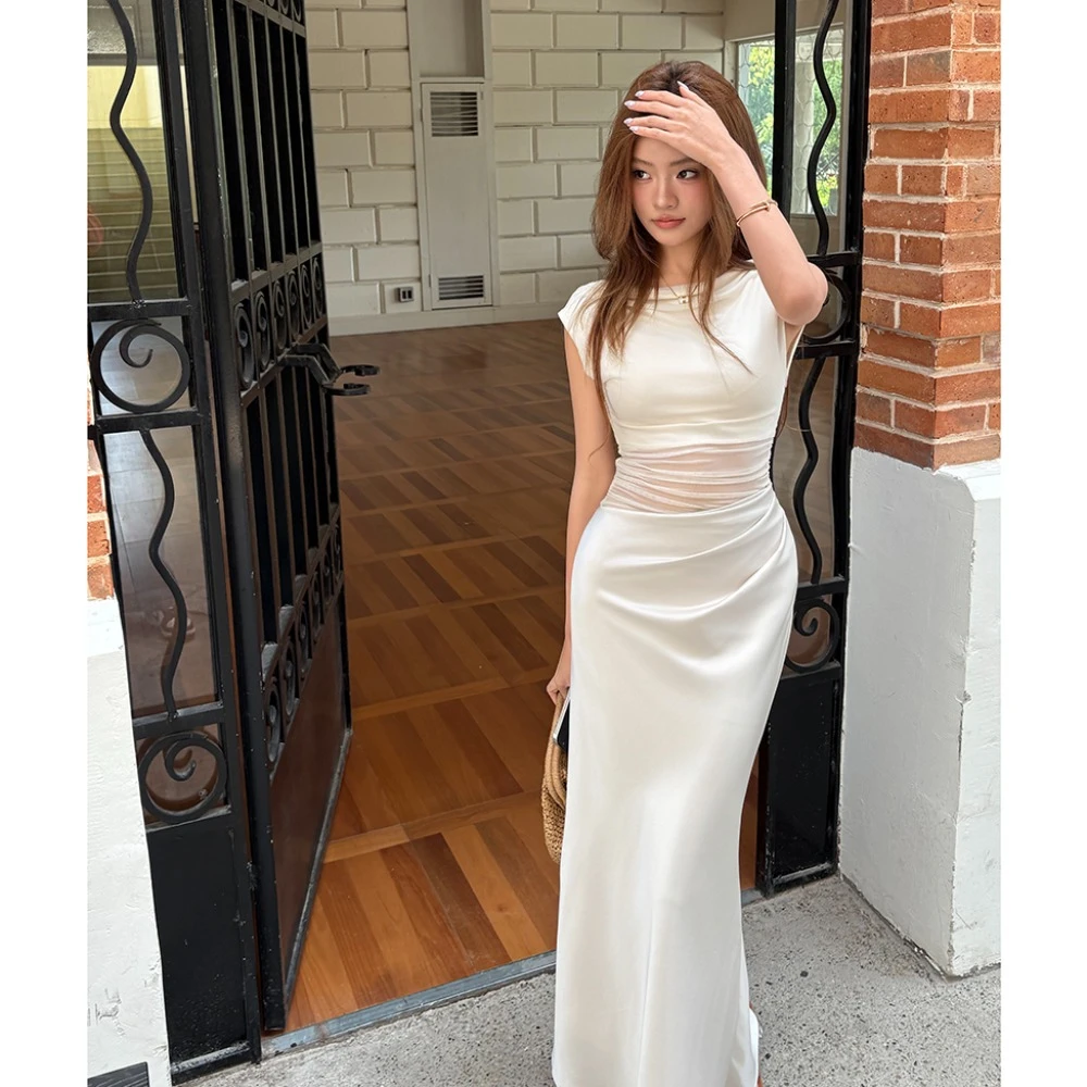 夏季新款法式网纱缎面拼接镂空修身连衣裙女名媛晚会包臀鱼尾长裙