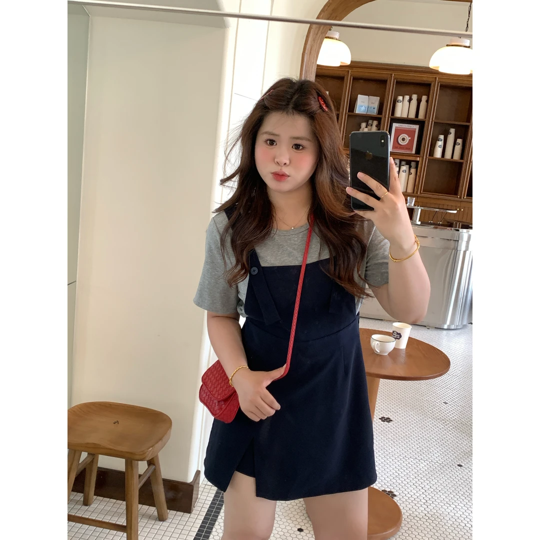 【青春仪式】大头婷微胖夏季背带连衣裙高腰开叉西装短裤短裙长裙