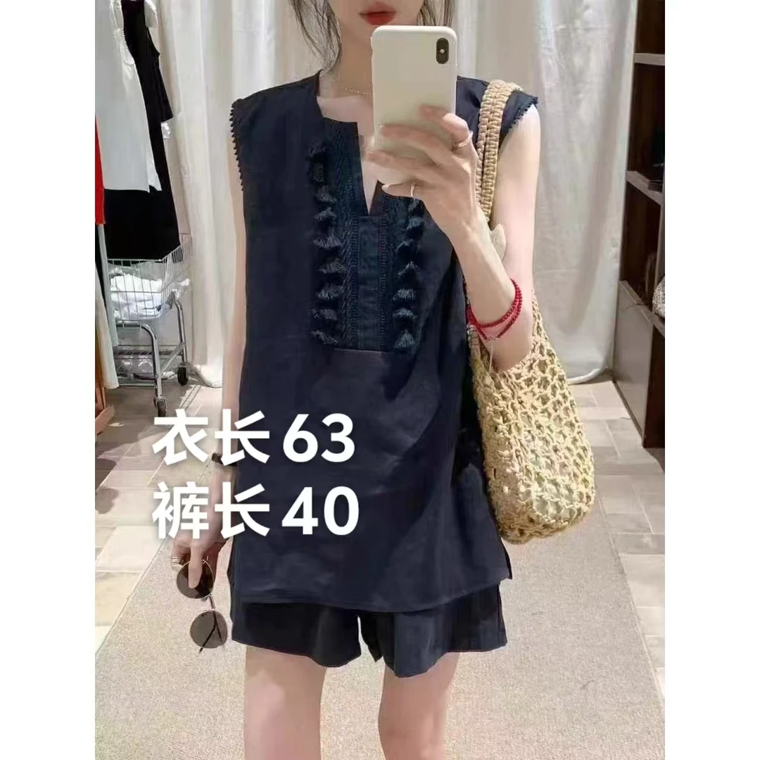 【艳子】98882小个子~ V领流苏无袖小衫+短裤套装
