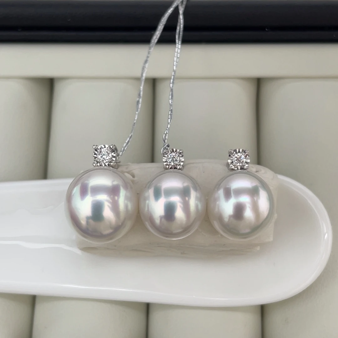 定制海水珍珠18K金镶嵌颈饰10-12宝石光海水澳白珍珠套装美美