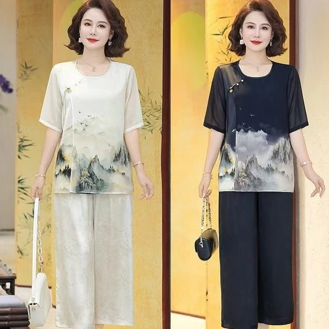 气质大码90-中老年时尚休闲夏季宽松显瘦洋气复古中年女装套装
