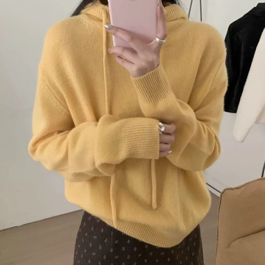 韩系全羊毛色半高领连帽套头抽绳帽衫针织衫