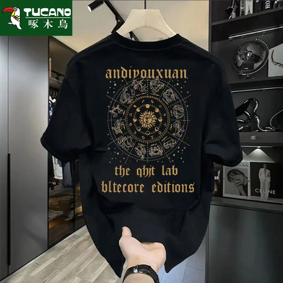 啄木鸟印花韩版圆领美式印花宽松纯棉T恤潮流ins黑色网红情侣短袖