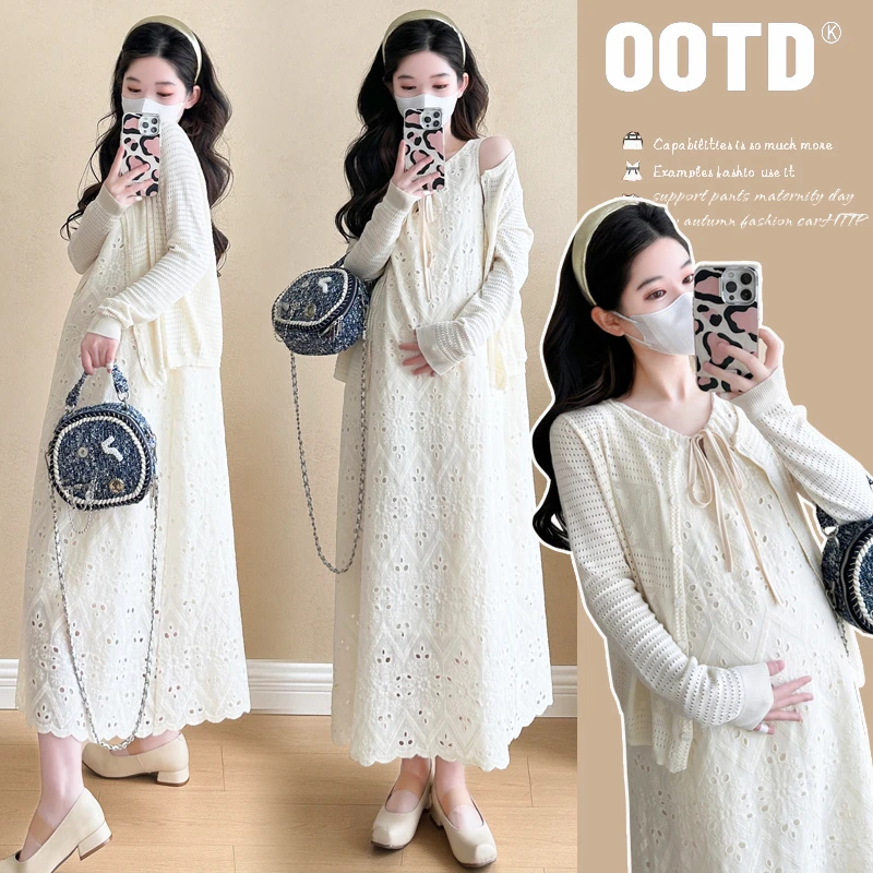 YNVO2025早春新款孕妈纯棉蕾丝宽松无袖背心连衣裙＋针织开衫