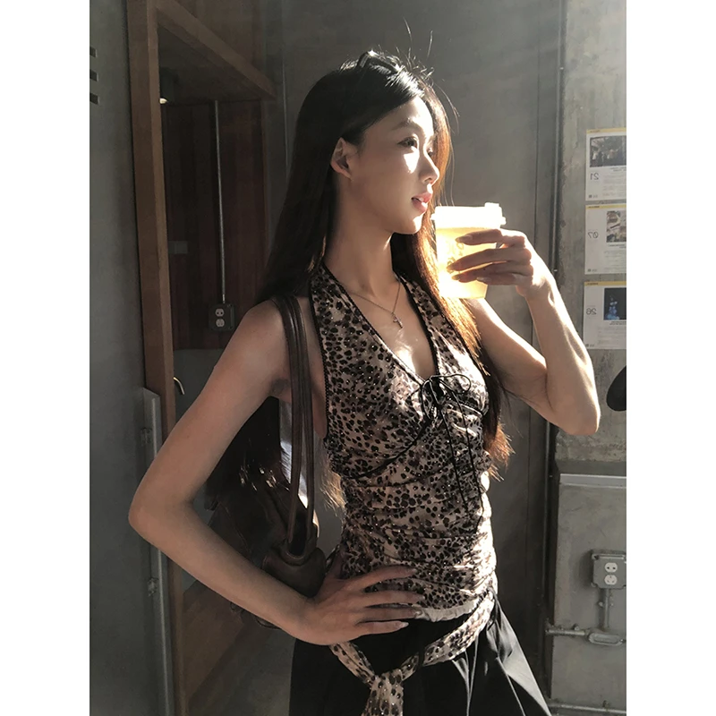 【自由人背心】夏季美式复古时尚豹纹烫钻亮闪闪系带背心252Y1796