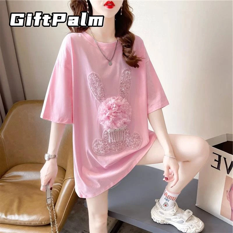 GiftPalm重工烫钻刺绣短袖t恤女夏装2025新款宽松大码女装中长款