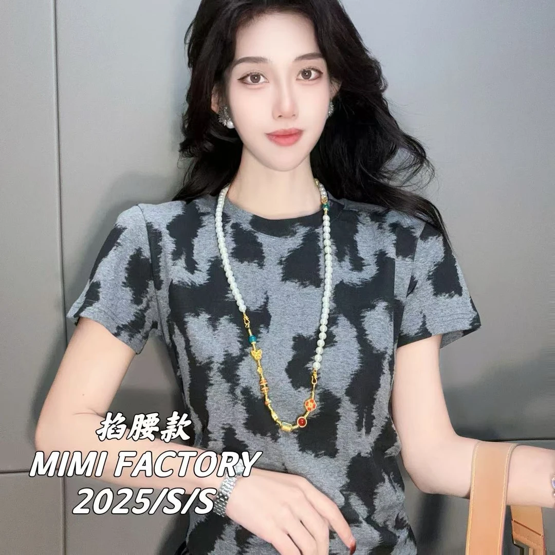 2025新款 欧货不规则满印短袖T恤女修身显瘦百搭上衣#5594