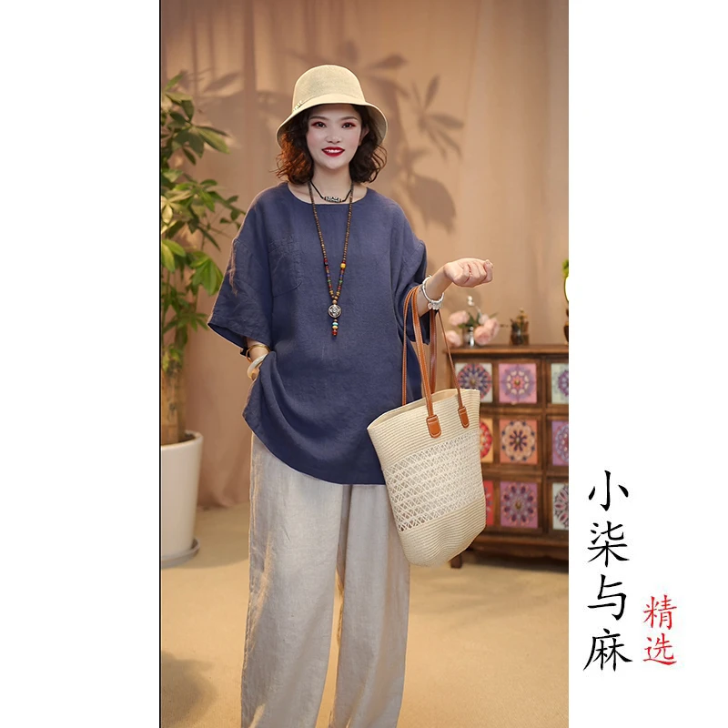 【小柒与麻】100%纯汉麻圆领落肩袖小衫（衣长70胸围128）