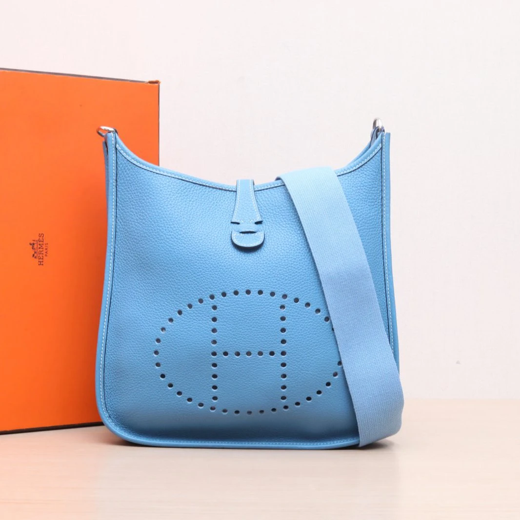 95新 Hermes/爱马仕 小花黑黑Evelyne 小号 29 牛仔蓝 TC皮 框H 