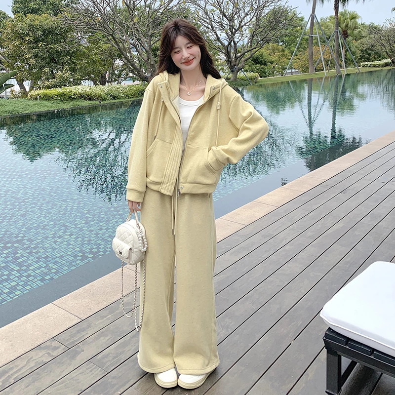 黄色韩系休闲运动套装女春秋2025新款百搭卫衣外套阔腿长裤两件套