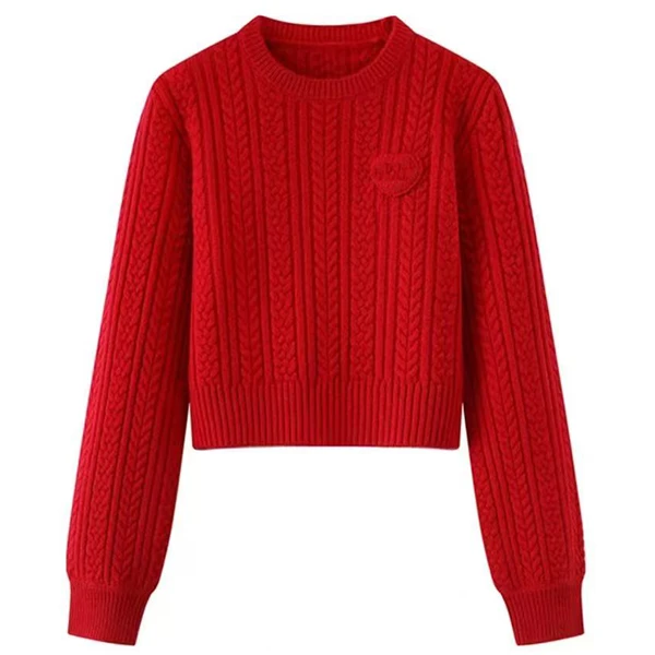 H2049-2025春季新款时尚百搭小个子短款套头红色针织衫毛衣女