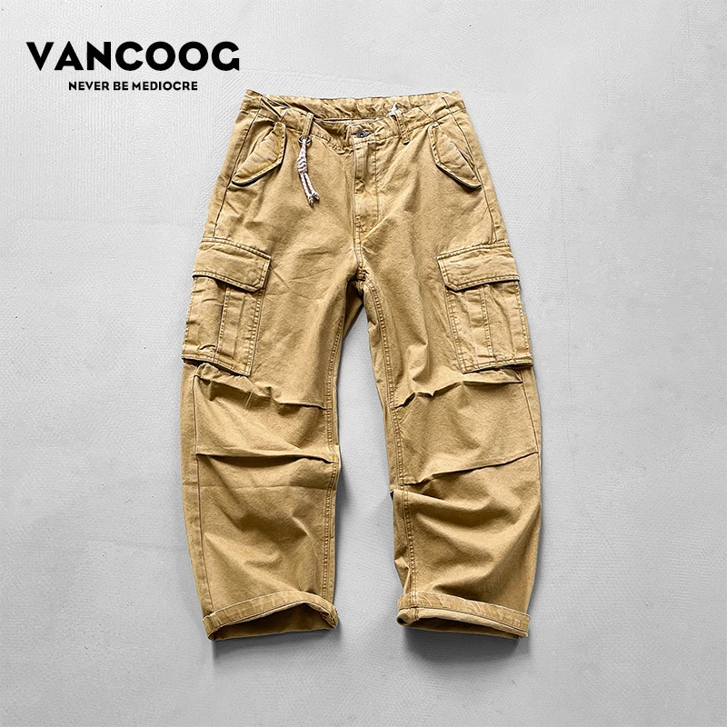 VANCOOG秋季百搭宽松水洗工装裤多口袋直筒哈伦裤子大码休闲裤男