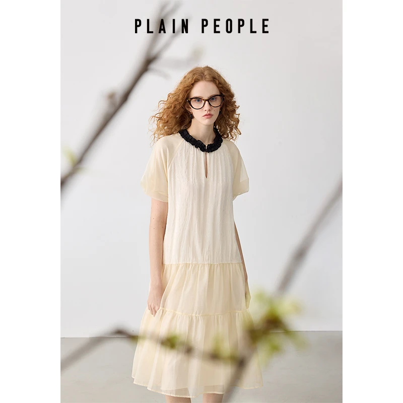 PLAIN PEOPLE千金风木耳边领泡泡袖提花连衣裙2025春季新款