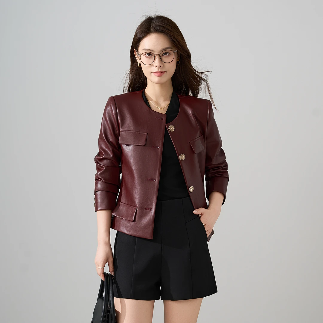 酒红色复古小香风圆领皮衣外套女秋冬新款小个子工装西装外套上衣