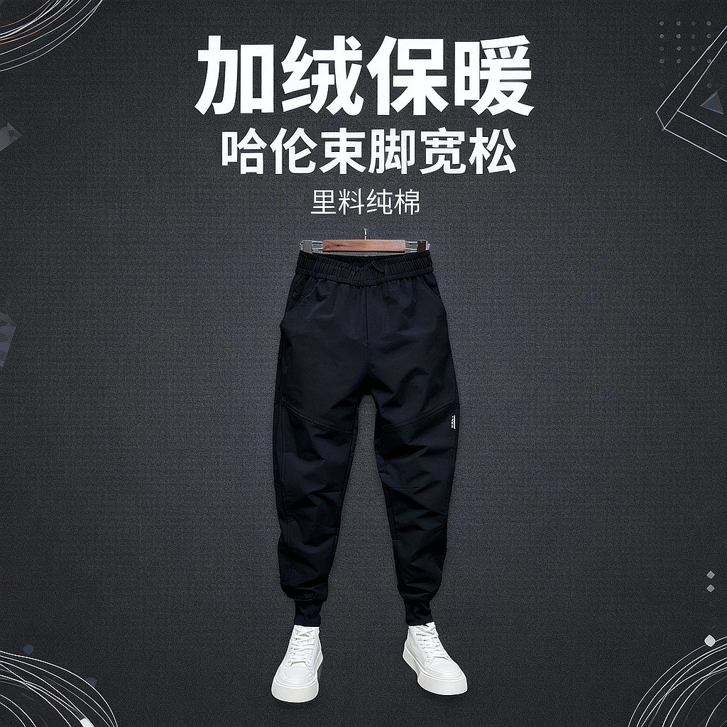 冬季新款纯色哈伦裤子男潮牌时尚加绒宽松束脚裤青年休闲裤男款