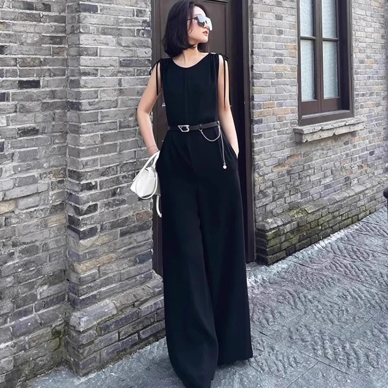 商城同款2025年春夏新款女装系带口袋显瘦黑色连体裤阔腿裤长裤女