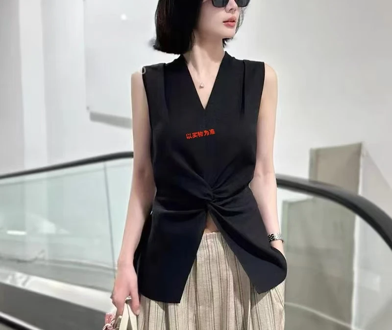 宽松型背心简约通勤无袖显瘦开叉复古女士通勤法式1981#