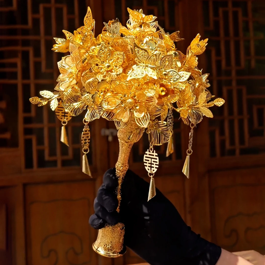 金色金属手捧花新娘结婚diy材料包婚礼秀禾服婚纱花束权杖礼物