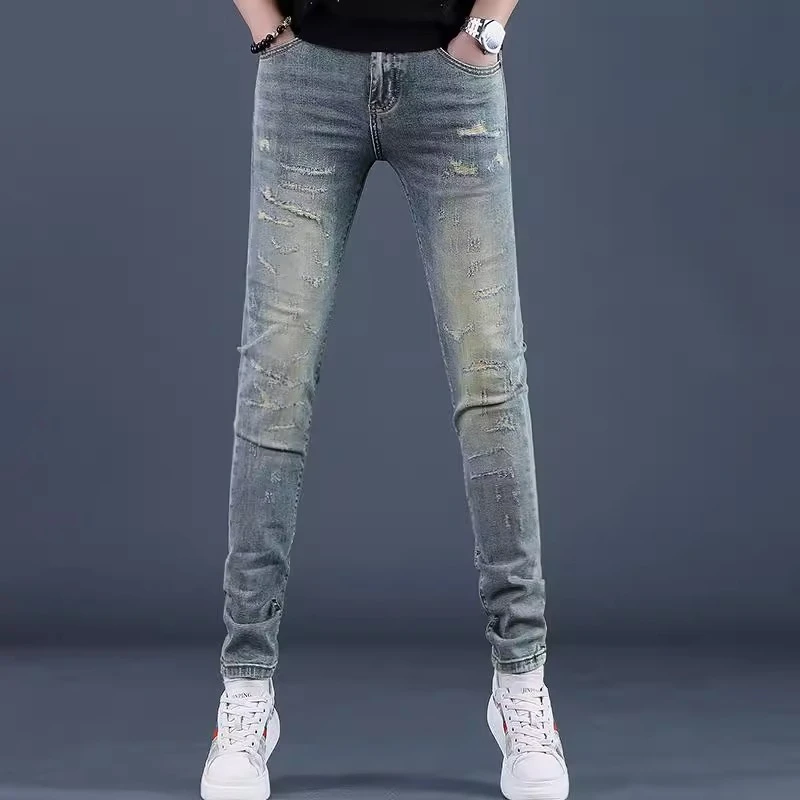 One What高端新款百搭乞丐破洞牛仔裤男士修身休闲潮牌紧身小脚裤