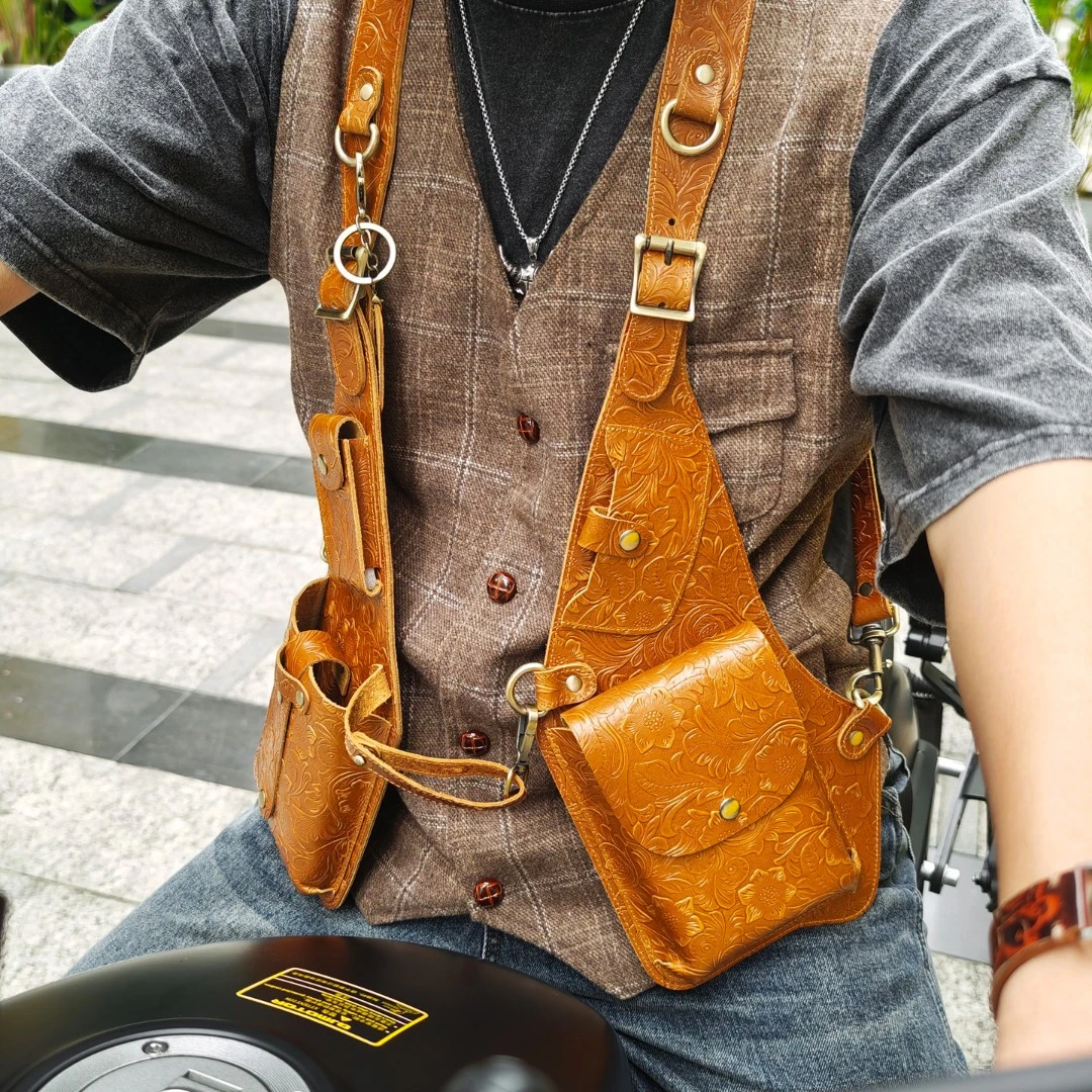 原创手工真皮男士背带包多功能腋下跨包头层牛皮马甲骑士包胸包潮