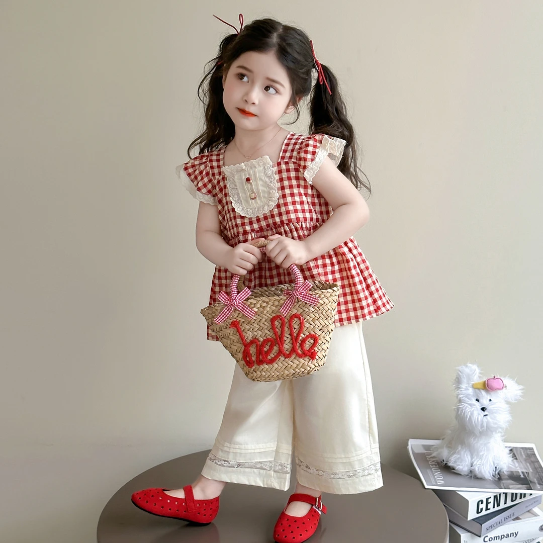 女童夏季格子小飞袖阔腿裤套装儿童洋气甜美无袖两件套女宝宝夏装