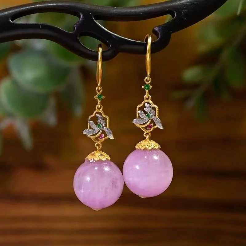 铜合金耳饰 新中式薰衣草紫罗兰玉兰花耳环复古宫廷风耳环