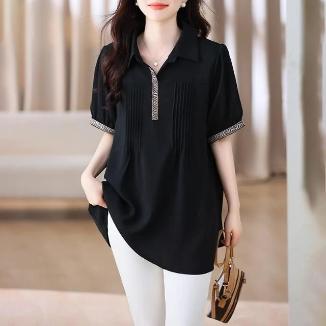 新款胖mm大码女装简约撞色T恤上衣减龄遮胯短袖雪纺衫