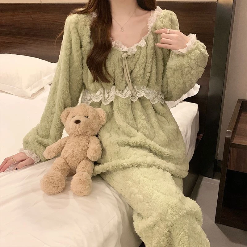 公主睡衣女秋冬天珊瑚绒加厚冬季性感保暖甜美宫廷风外穿家居套装
