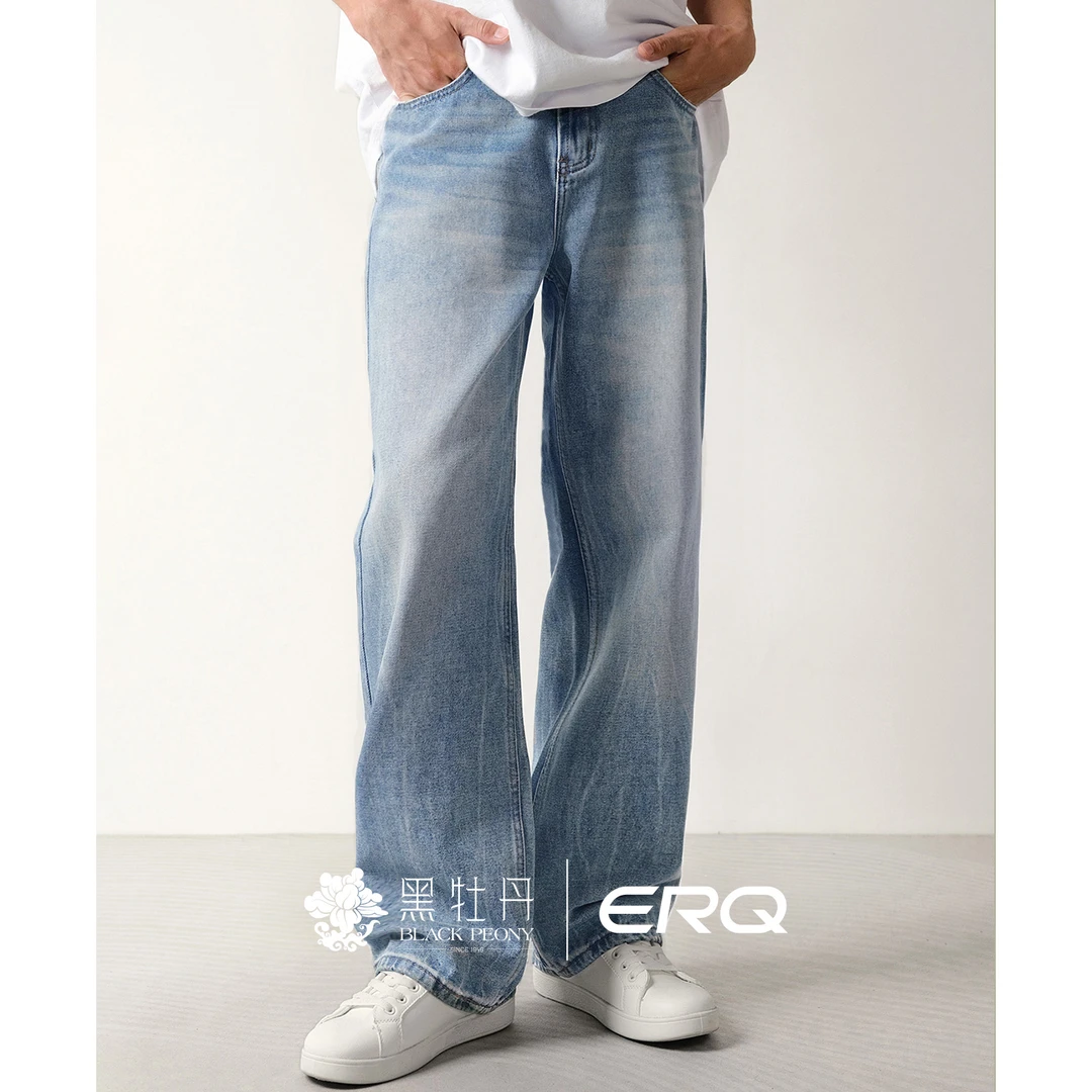 ERQ[2021M网红款]905男士宽松直筒阔腿国潮牛仔裤闪电纹休闲复古