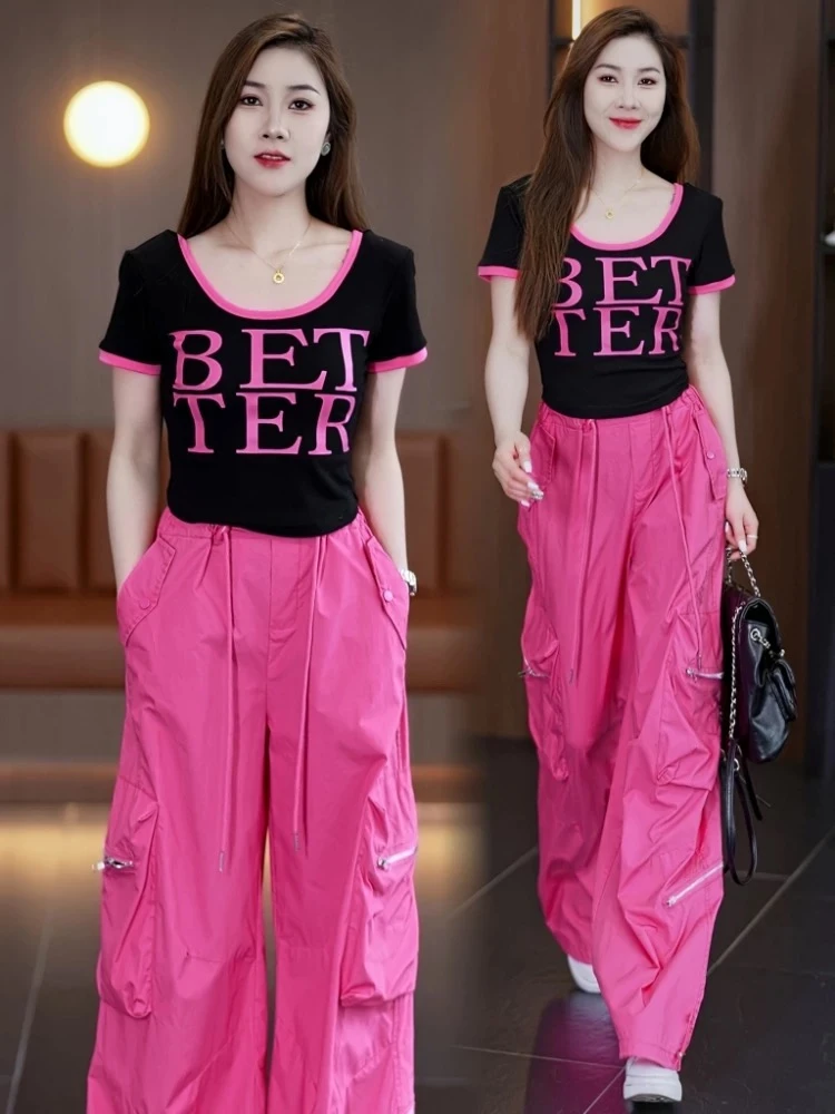 时尚休闲运动套装女士春夏新款洋气减龄修身T恤+高腰工装裤一整套