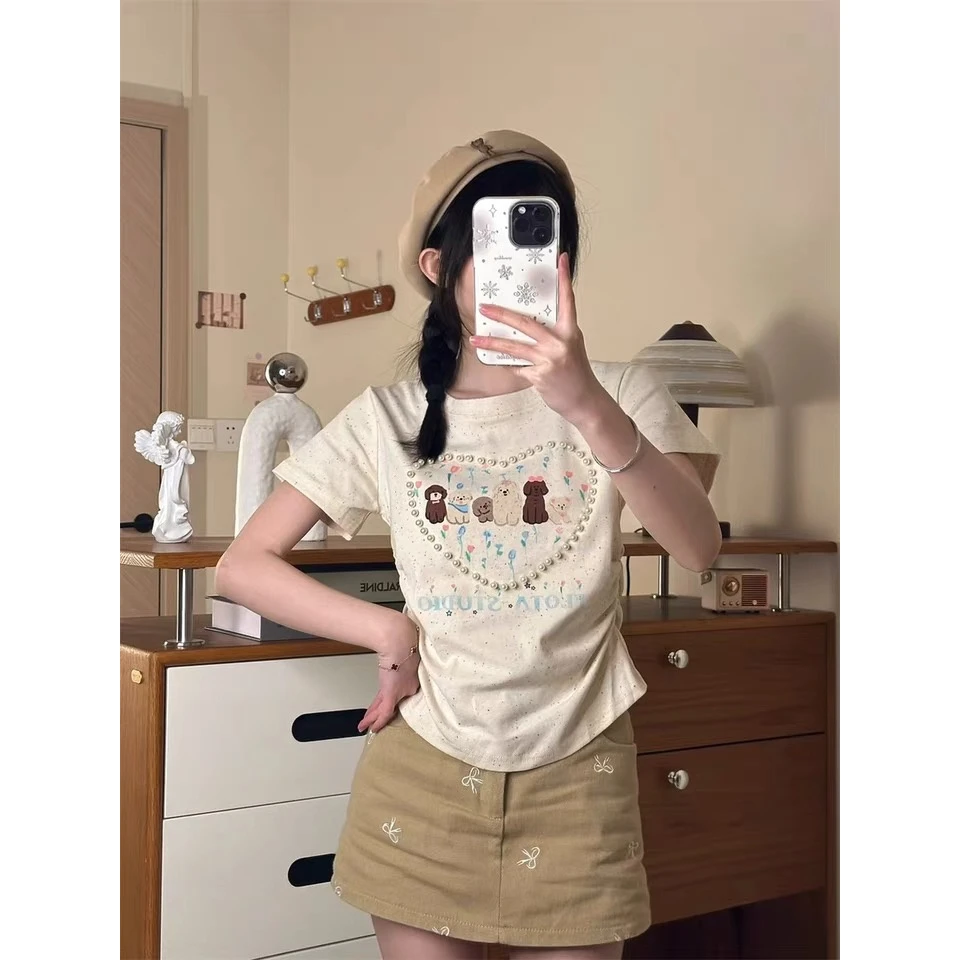 【大码】 8116小众设计爱心钉珠短袖可爱卡通印花字母t恤修身褶皱