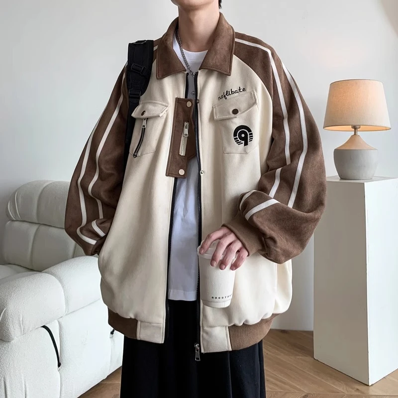 Cebrodz美式慵懒外套男士春季撞色条纹翻领夹克潮流新款棒球服男