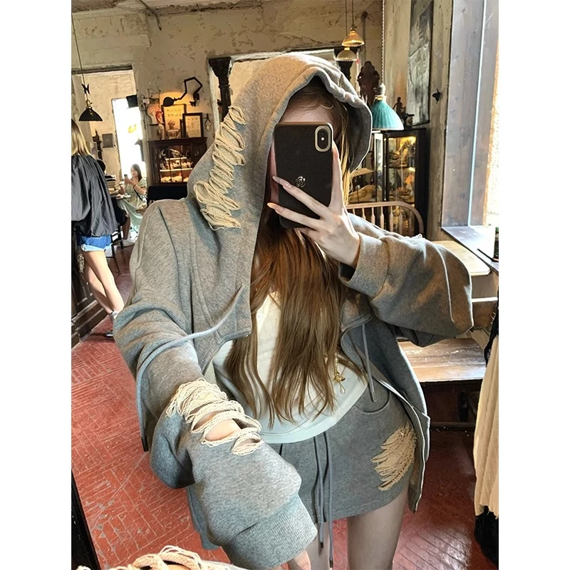 慵懒乖张教主 重工做旧破洞宽松开衫卫衣套装女包臀半身裙两件套