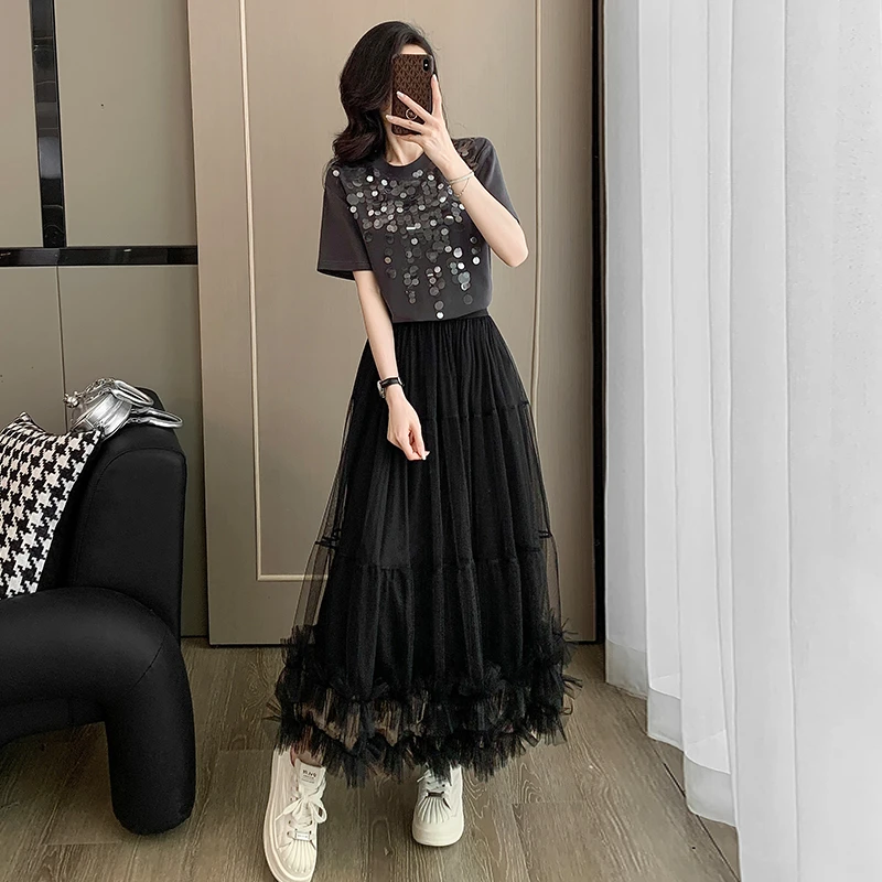 小个子穿搭一整套女夏季时尚减龄洋气亮片短袖T恤网纱半身裙套装
