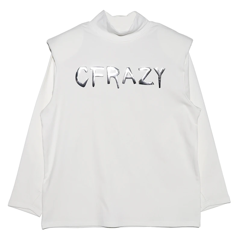 WY174-DY新款半高领长袖高级感潮流字母垫肩情侣T恤百搭宽松男女