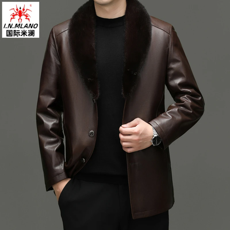 山羊皮真皮皮衣男士水貂毛皮毛一体中老年爸爸装中长款保暖外套男