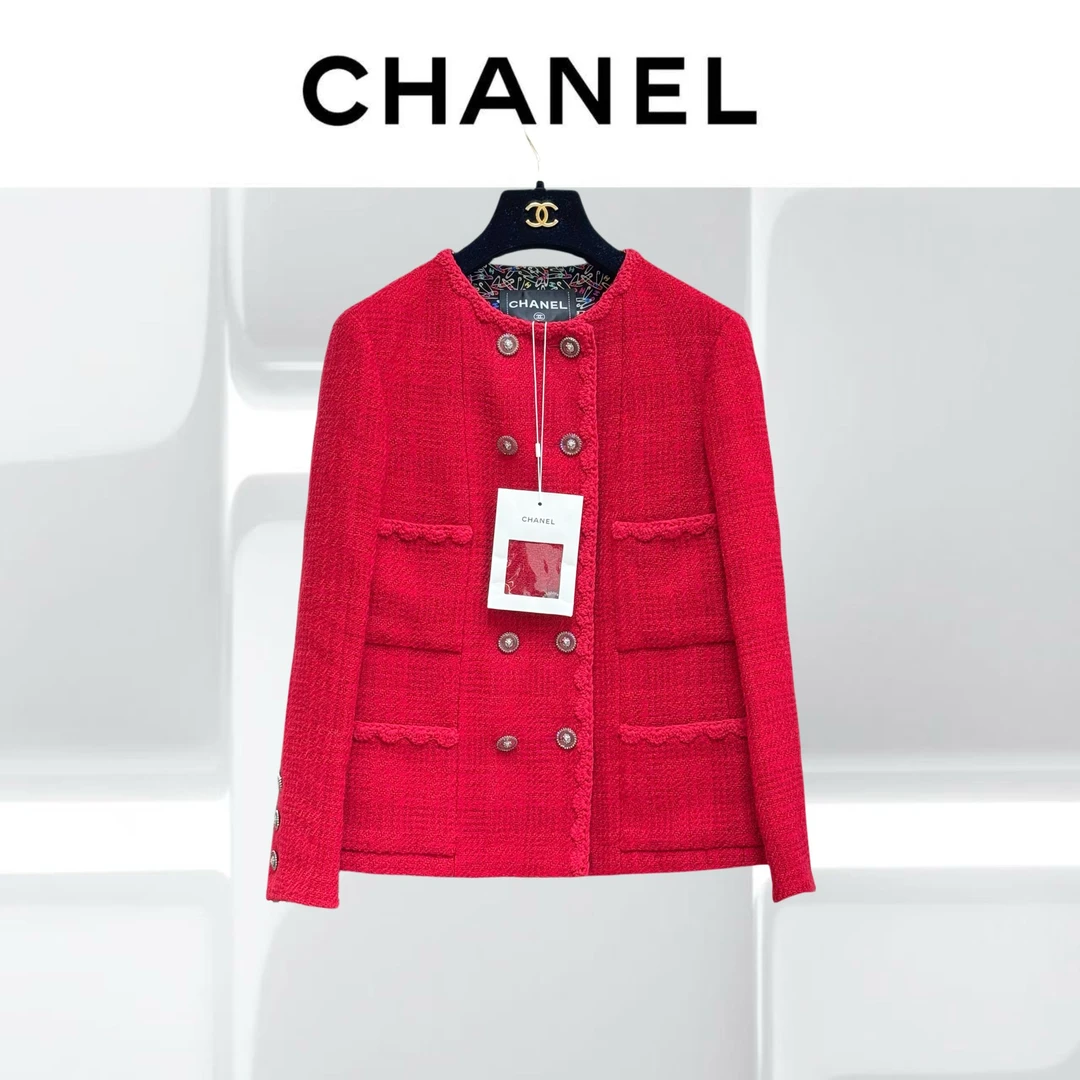 99新 Chanel/香奈儿 34码24A红色双排扣粗花呢圆领外套