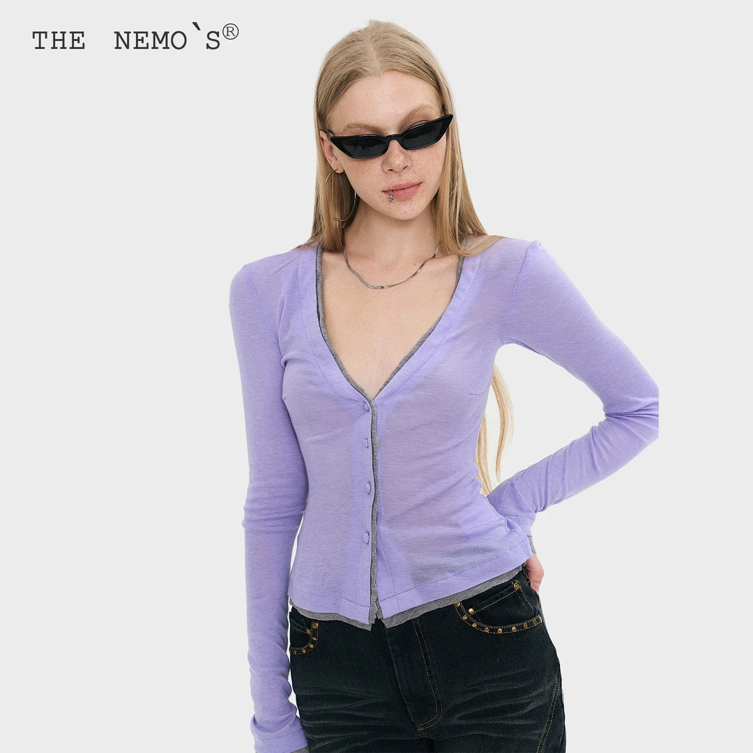 TheNeverMore原创设计 紫色深V针织长袖开衫女秋设计感外套