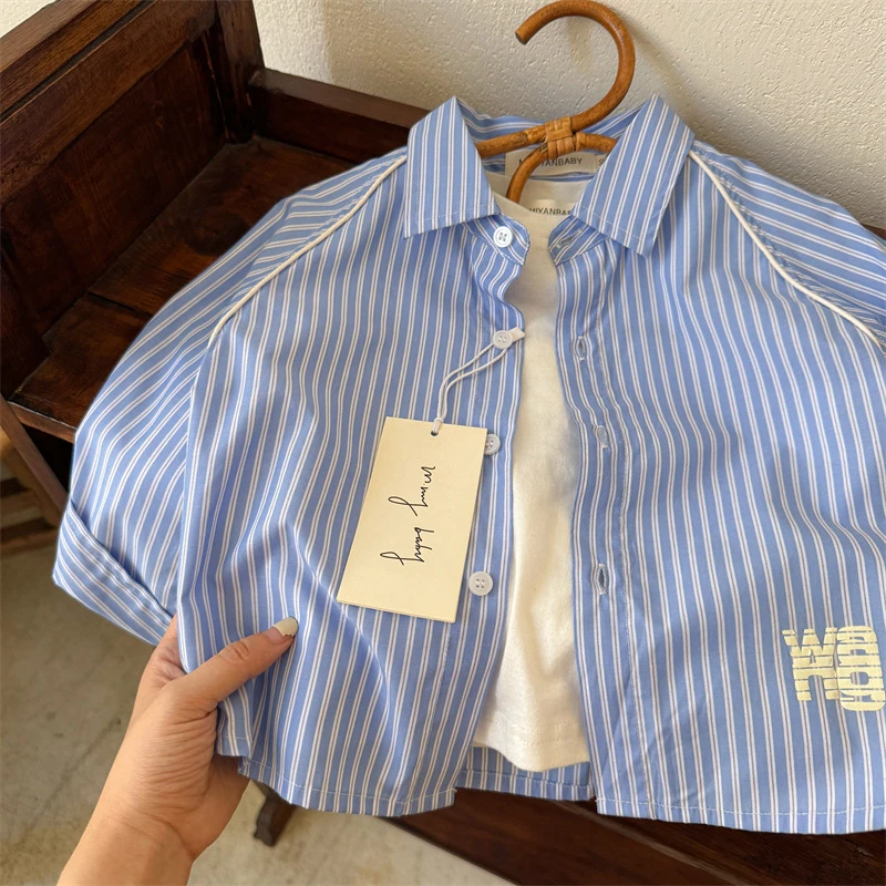 儿童衬衫2025秋季新品男女童简约字母衬衫宝宝韩版条纹衬衣