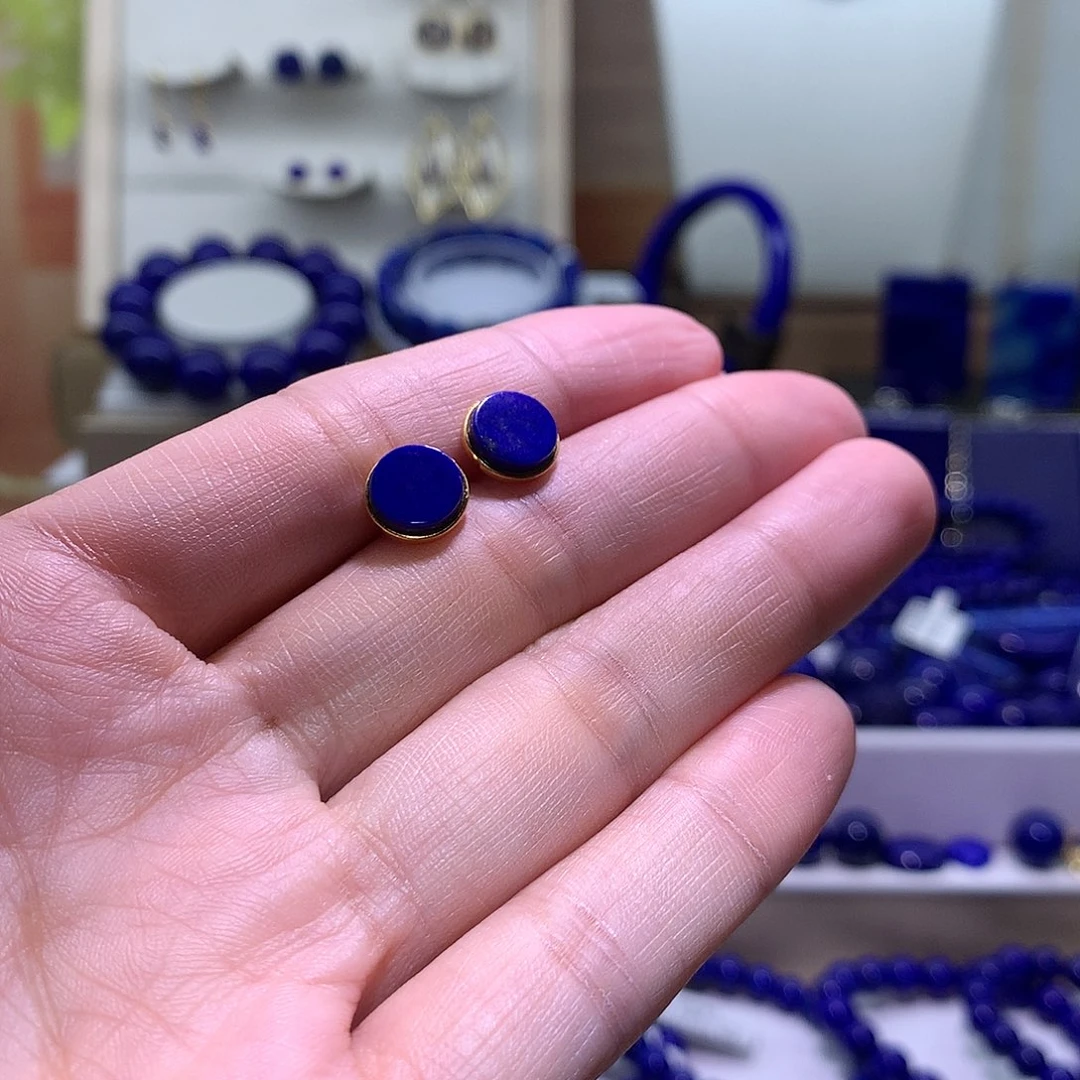 青金石银S925镶嵌天然原矿耳钉