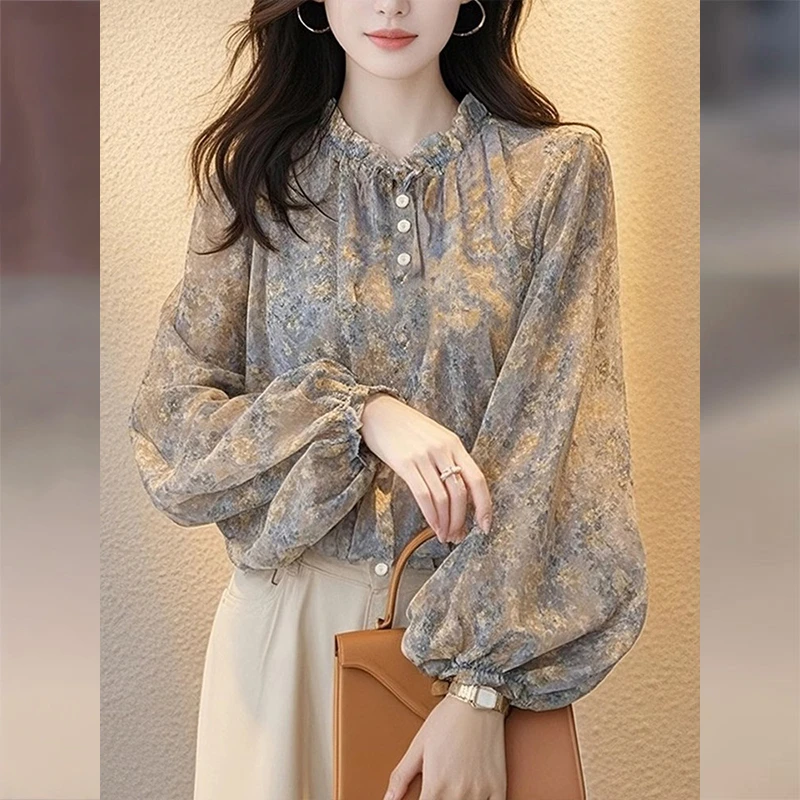 法式碎花雪纺上衣女春季2025新款爆款洋气独特别致高级感长袖衬衫