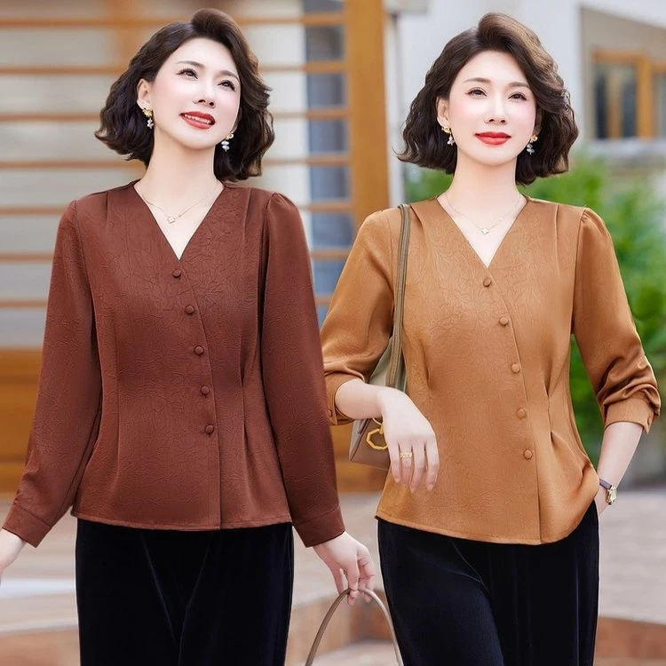 2025春季长袖V领气质百搭妈妈装收腰显瘦上衣中老年高贵打底小衫