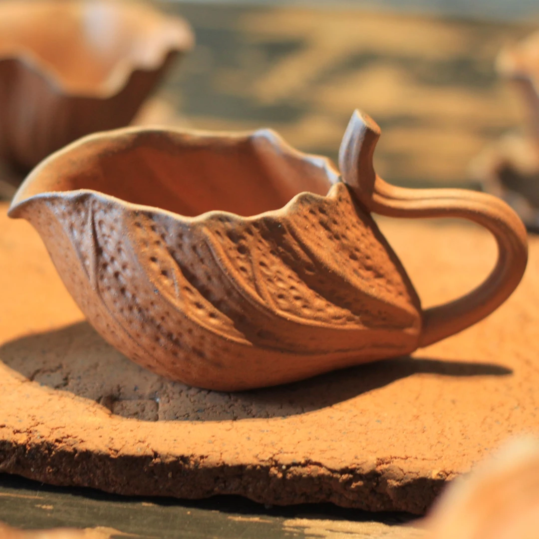 素烧粗陶老岩泥小核桃造型公道杯中式复古家用分茶器创意莲叶造型