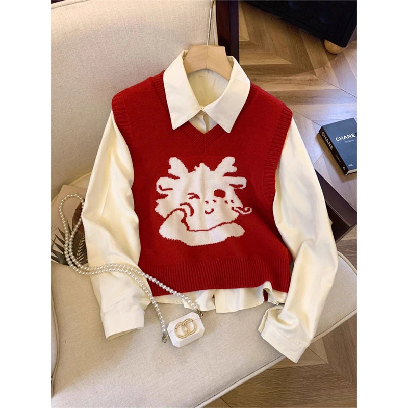 固质龙年本命年红毛衣背心女秋季胖mm显瘦叠穿马甲衬衫两件套上衣