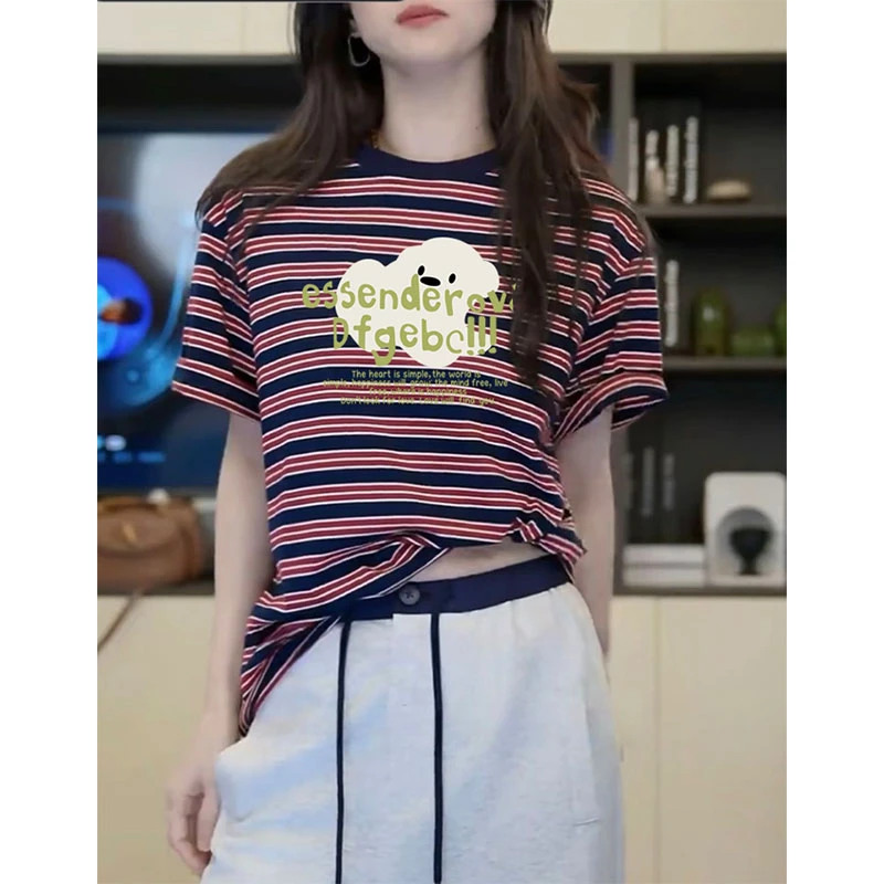 圆领优质棉拼色短袖t恤女2025新款爆款时尚百搭洋气条纹上衣夏季