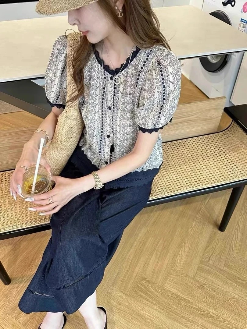季念夏季新款复古文艺泡泡袖衬衣女法式碎花短袖衬衫宽松显瘦上衣
